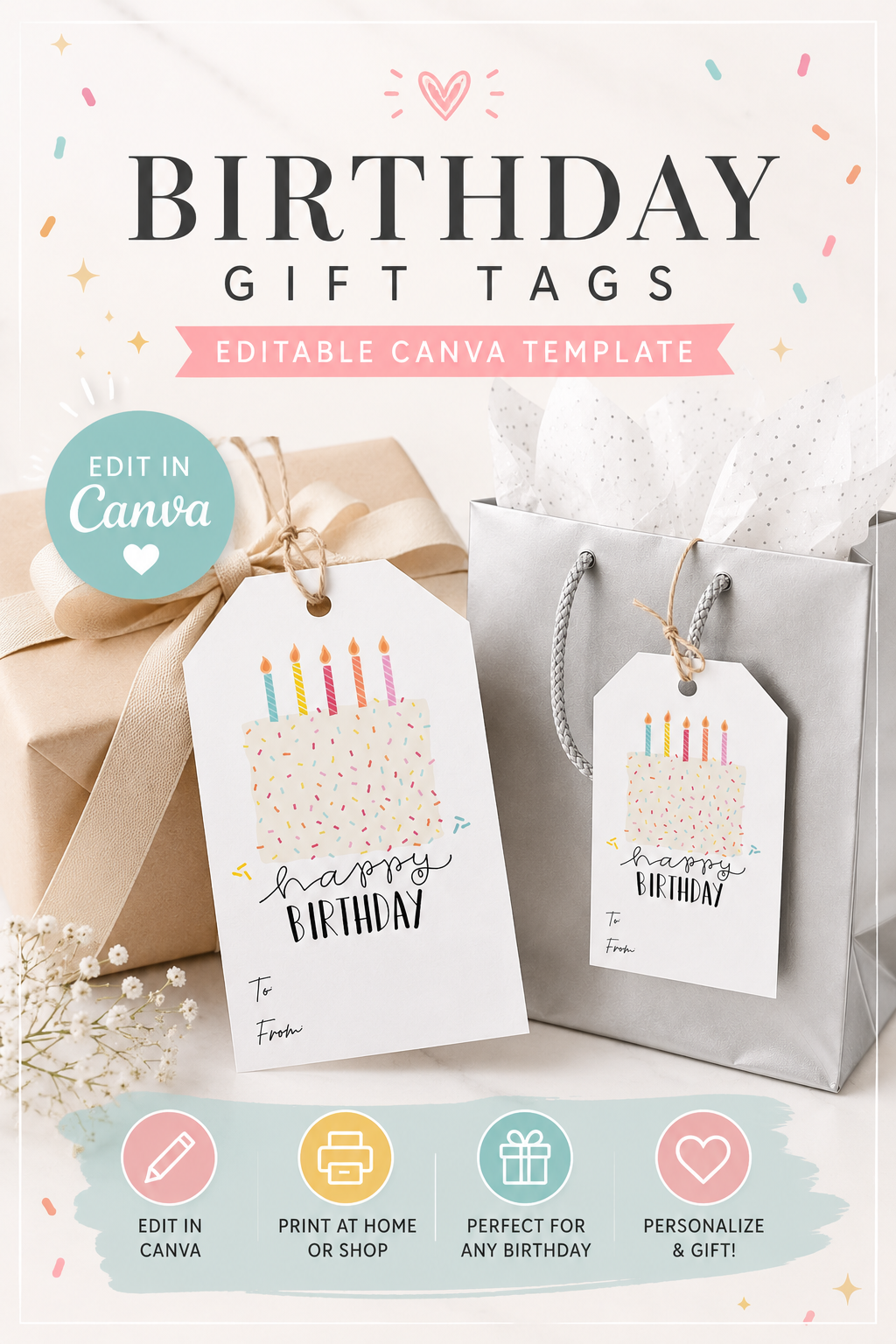 Editable Birthday Gift Tags Template | Neutral Sprinkle Cake Gift Tags | Printable Canva Template