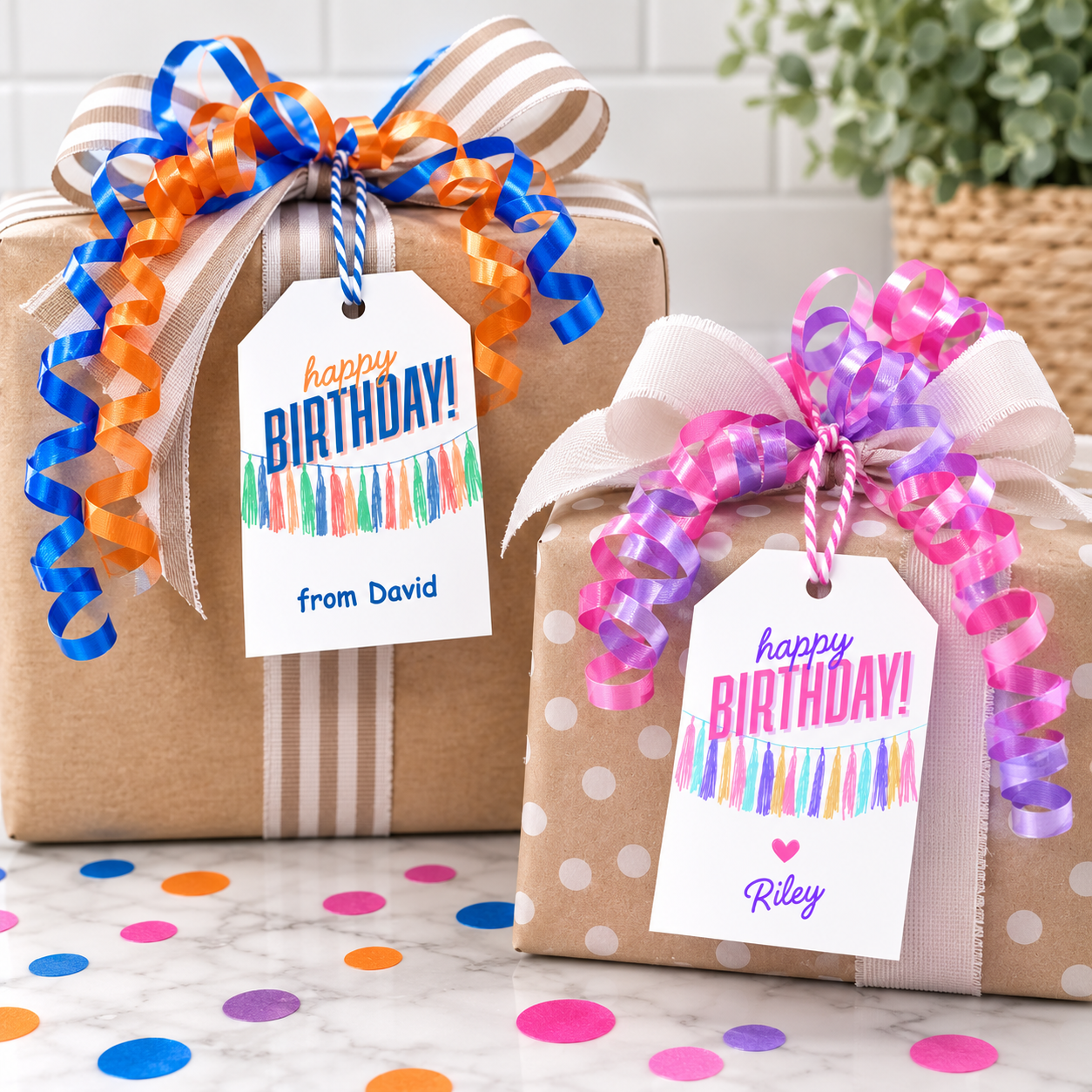 Editable Happy Birthday Streamer Gift Tags Template | Colorful Printable Birthday Favor Tags | Personalized Canva Gift Tag