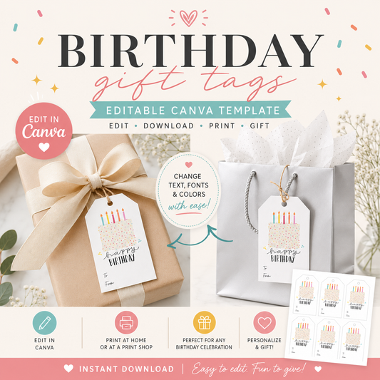 Editable Birthday Gift Tags Template | Neutral Sprinkle Cake Gift Tags | Printable Canva Template