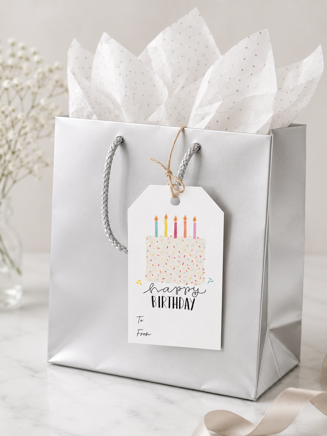 Editable Birthday Gift Tags Template | Neutral Sprinkle Cake Gift Tags | Printable Canva Template