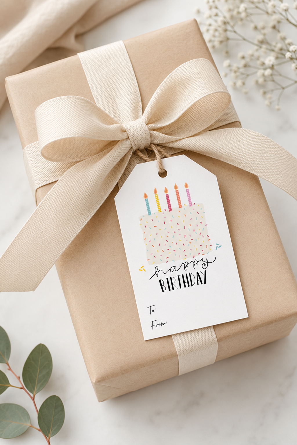 Editable Birthday Gift Tags Template | Neutral Sprinkle Cake Gift Tags | Printable Canva Template