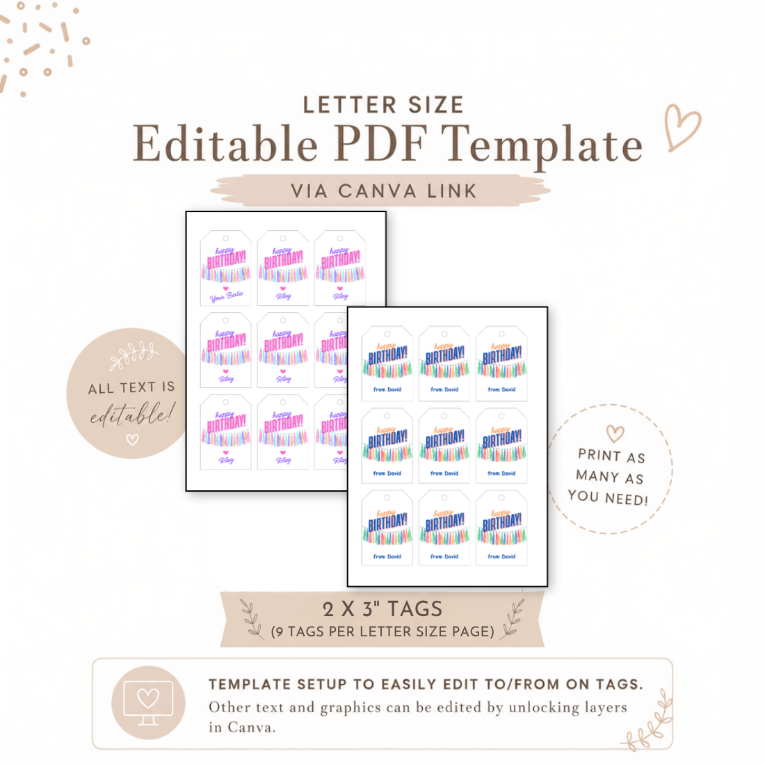 Editable Happy Birthday Streamer Gift Tags Template | Colorful Printable Birthday Favor Tags | Personalized Canva Gift Tag