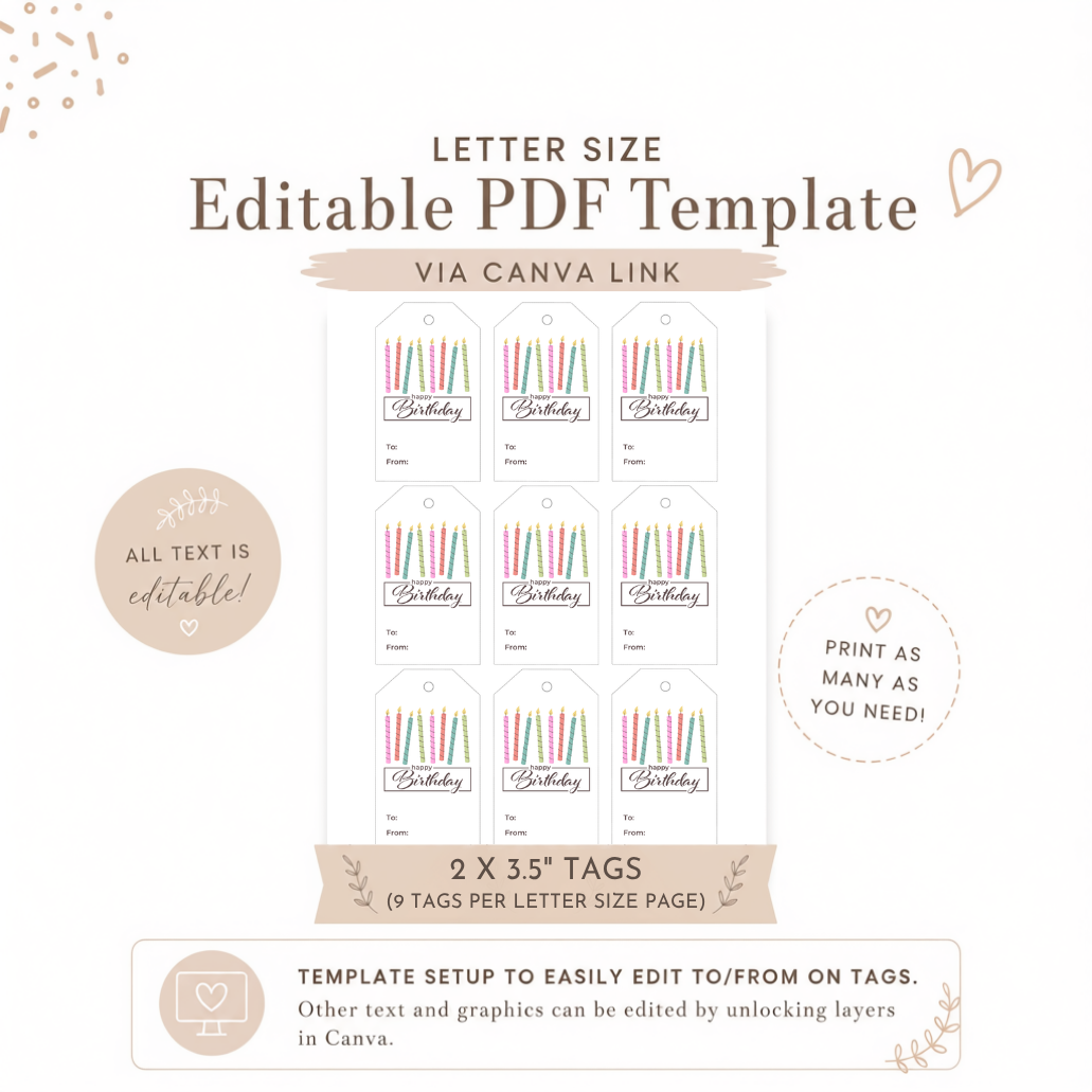 Editable Birthday Gift Tags Template | Colorful Candle Printable Gift Tags | Edit in Canva
