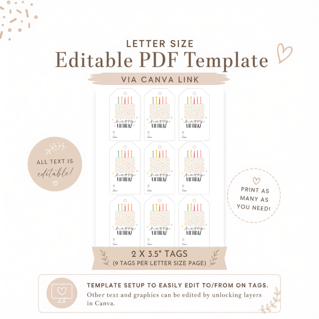 Editable Birthday Gift Tags Template | Neutral Sprinkle Cake Gift Tags | Printable Canva Template