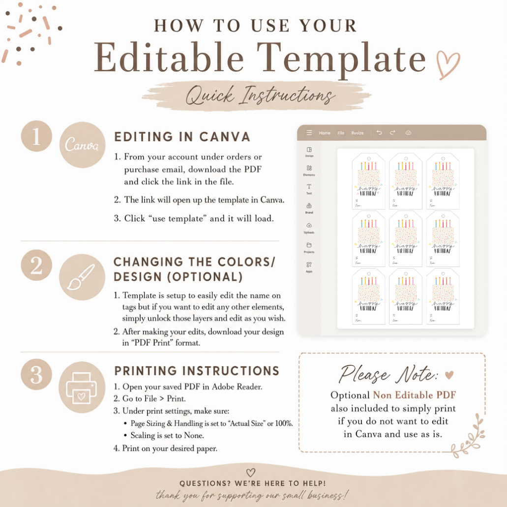 Editable Birthday Gift Tags Template | Neutral Sprinkle Cake Gift Tags | Printable Canva Template