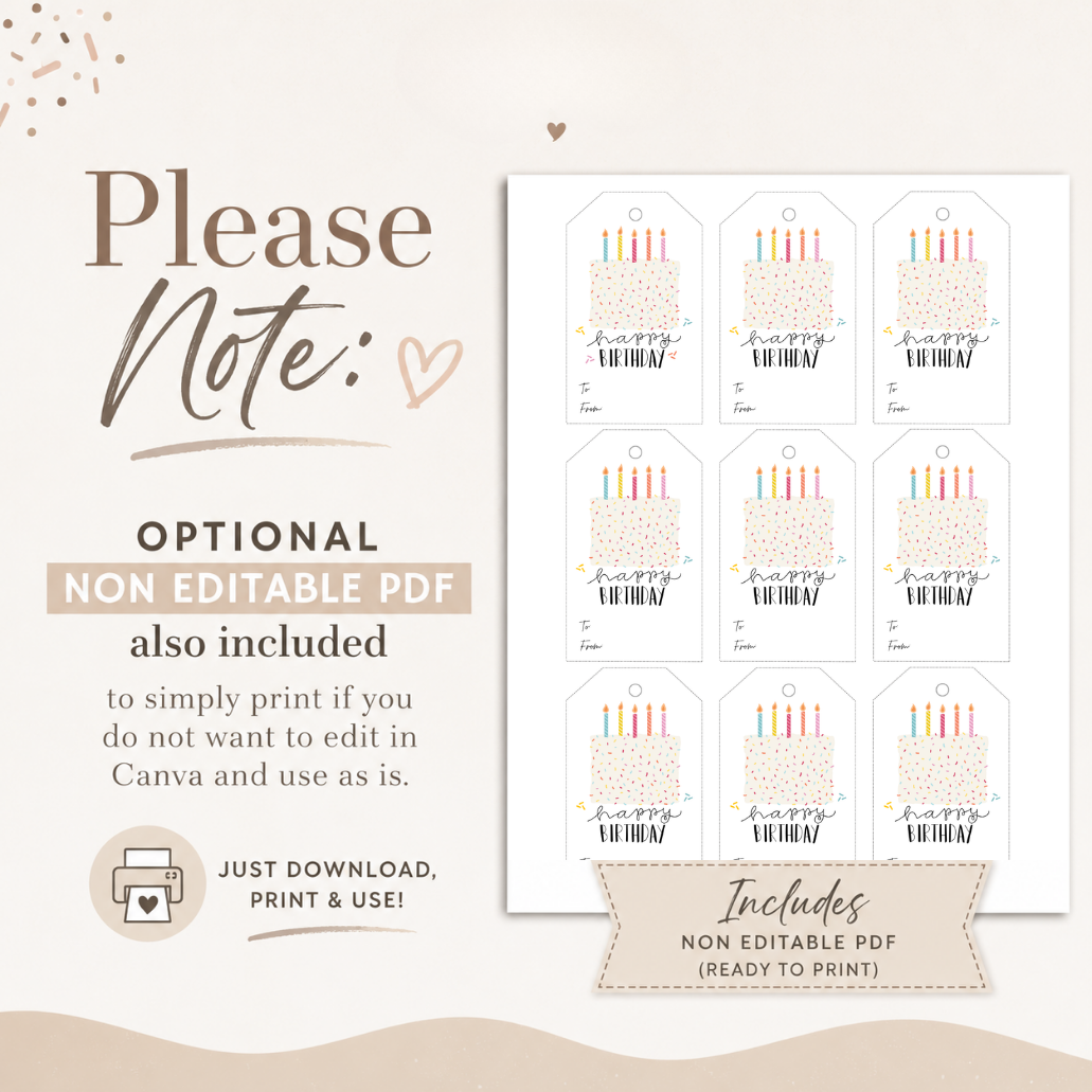 Editable Birthday Gift Tags Template | Neutral Sprinkle Cake Gift Tags | Printable Canva Template