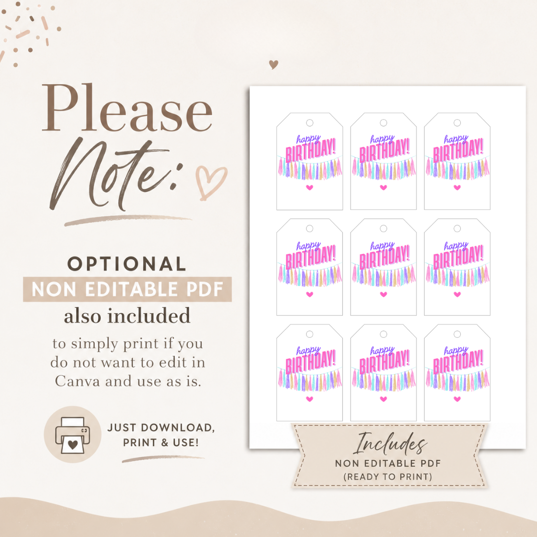 Editable Happy Birthday Streamer Gift Tags Template | Colorful Printable Birthday Favor Tags | Personalized Canva Gift Tag
