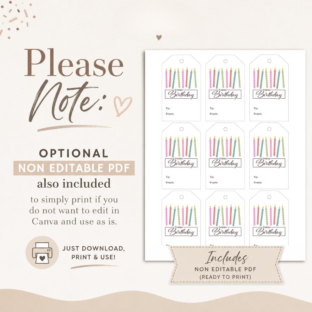 Editable Birthday Gift Tags Template | Colorful Candle Printable Gift Tags | Edit in Canva