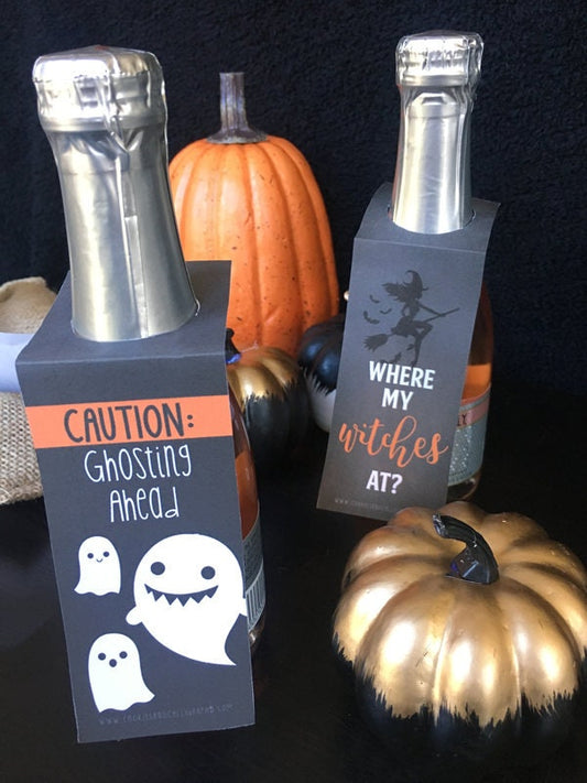 Happy Halloween Mini Wine Champagne Bottle Tags | Witches and Ghost Halloween Bottle Tags | Printable Gift Tag