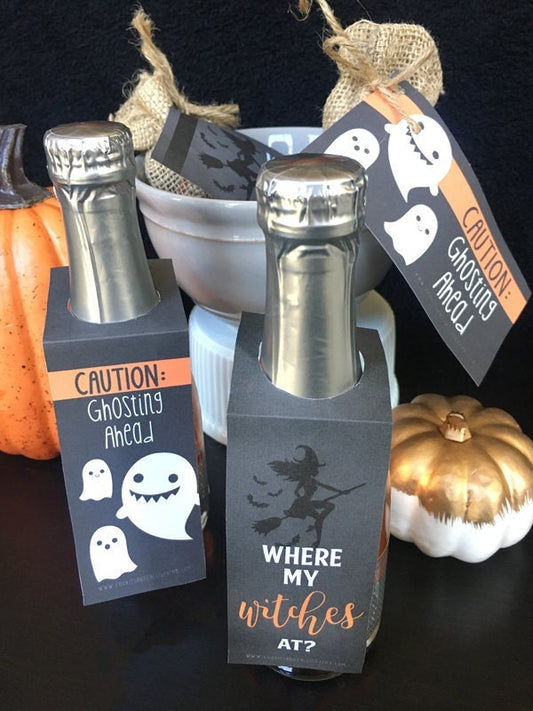 Happy Halloween Mini Wine Champagne Bottle Tags | Witches and Ghost Halloween Bottle Tags | Printable Gift Tag