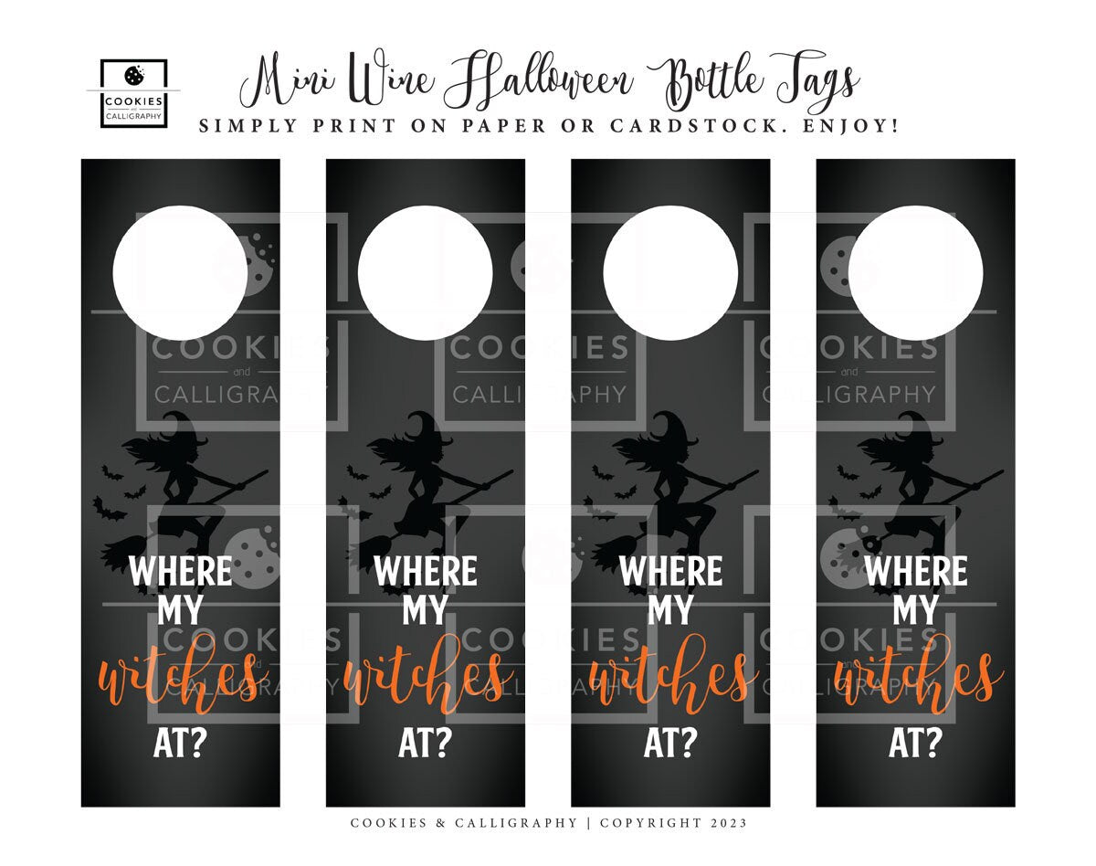 Happy Halloween Mini Wine Champagne Bottle Tags | Witches and Ghost Halloween Bottle Tags | Printable Gift Tag