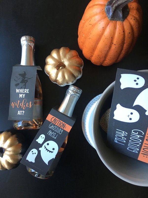 Happy Halloween Mini Wine Champagne Bottle Tags | Witches and Ghost Halloween Bottle Tags | Printable Gift Tag