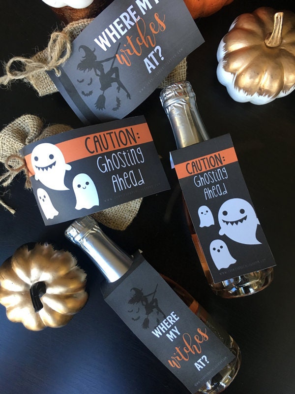 Happy Halloween Mini Wine Champagne Bottle Tags | Witches and Ghost Halloween Bottle Tags | Printable Gift Tag