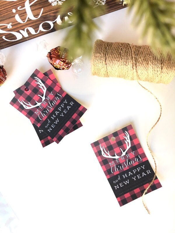 Merry Christmas Plaid Reindeer Antler Gift Tag | Printable Gift Tag