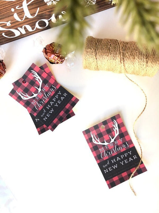 Merry Christmas Plaid Reindeer Antler Gift Tag | Printable Gift Tag