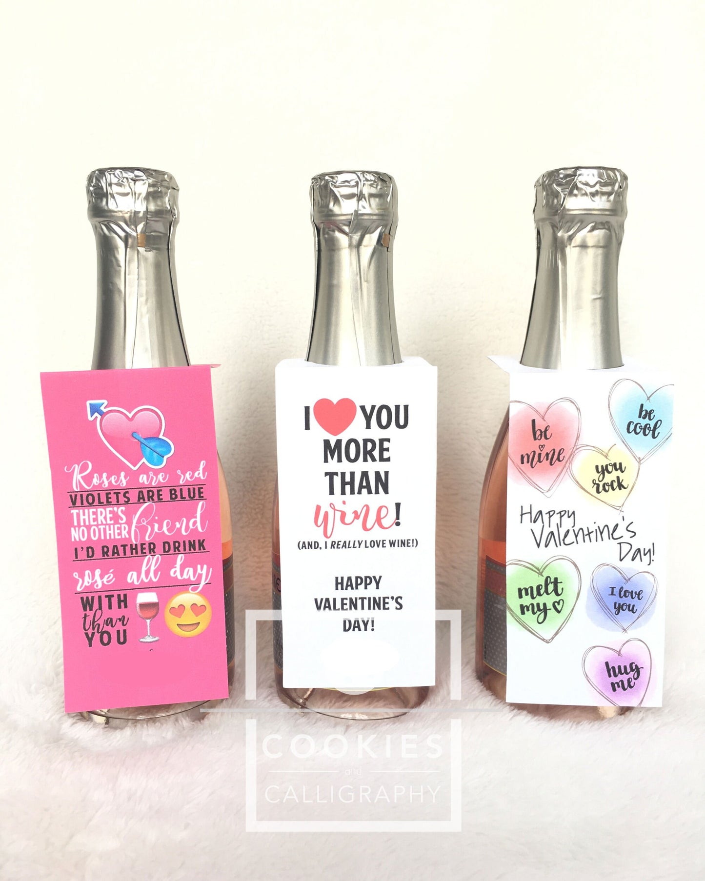 Valentine's Day Mini Wine Champagne Bottle Tags | Roses Conversation Heart VDay Bottle Tags | Printable Gift Tag
