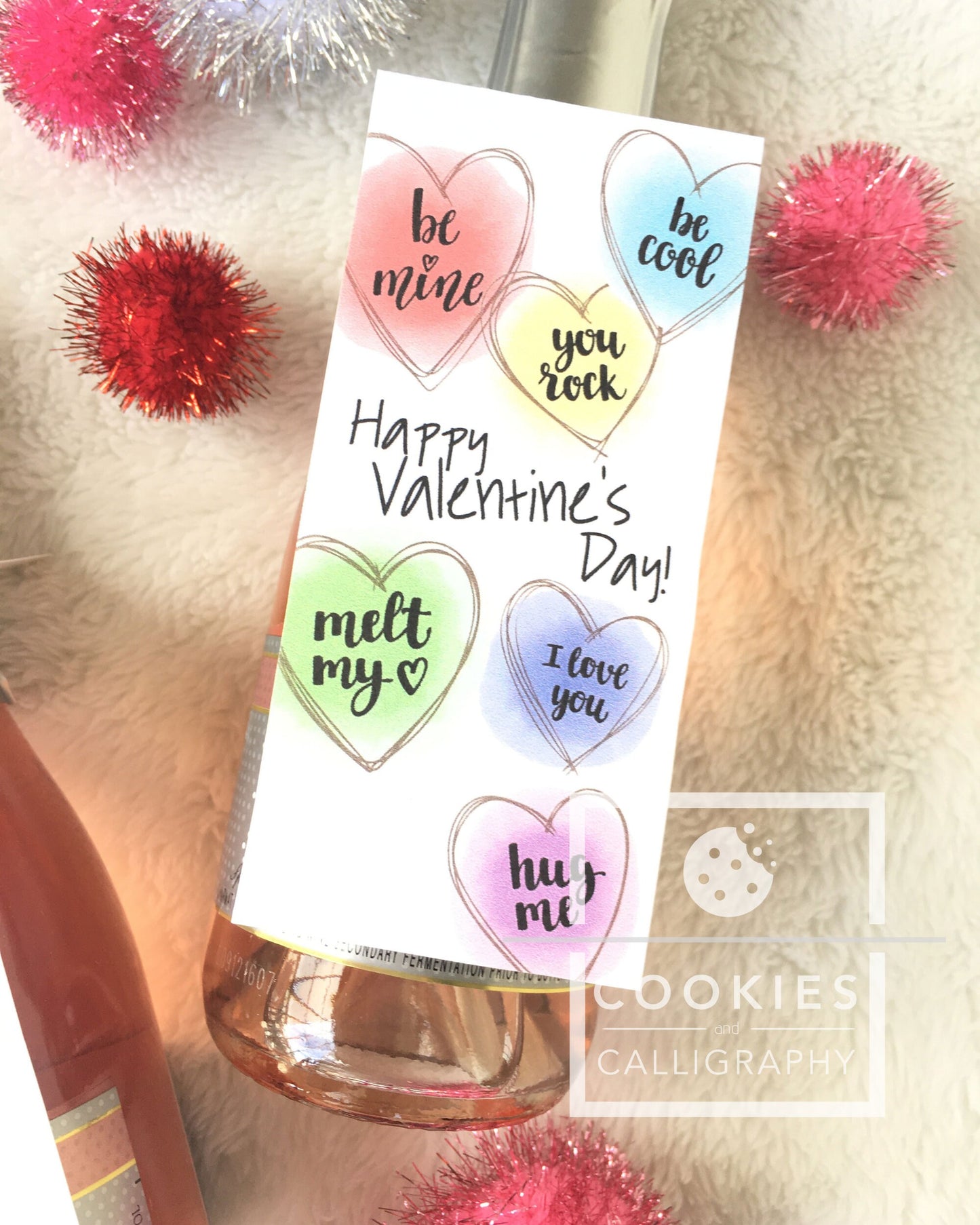 Valentine's Day Mini Wine Champagne Bottle Tags | Roses Conversation Heart VDay Bottle Tags | Printable Gift Tag
