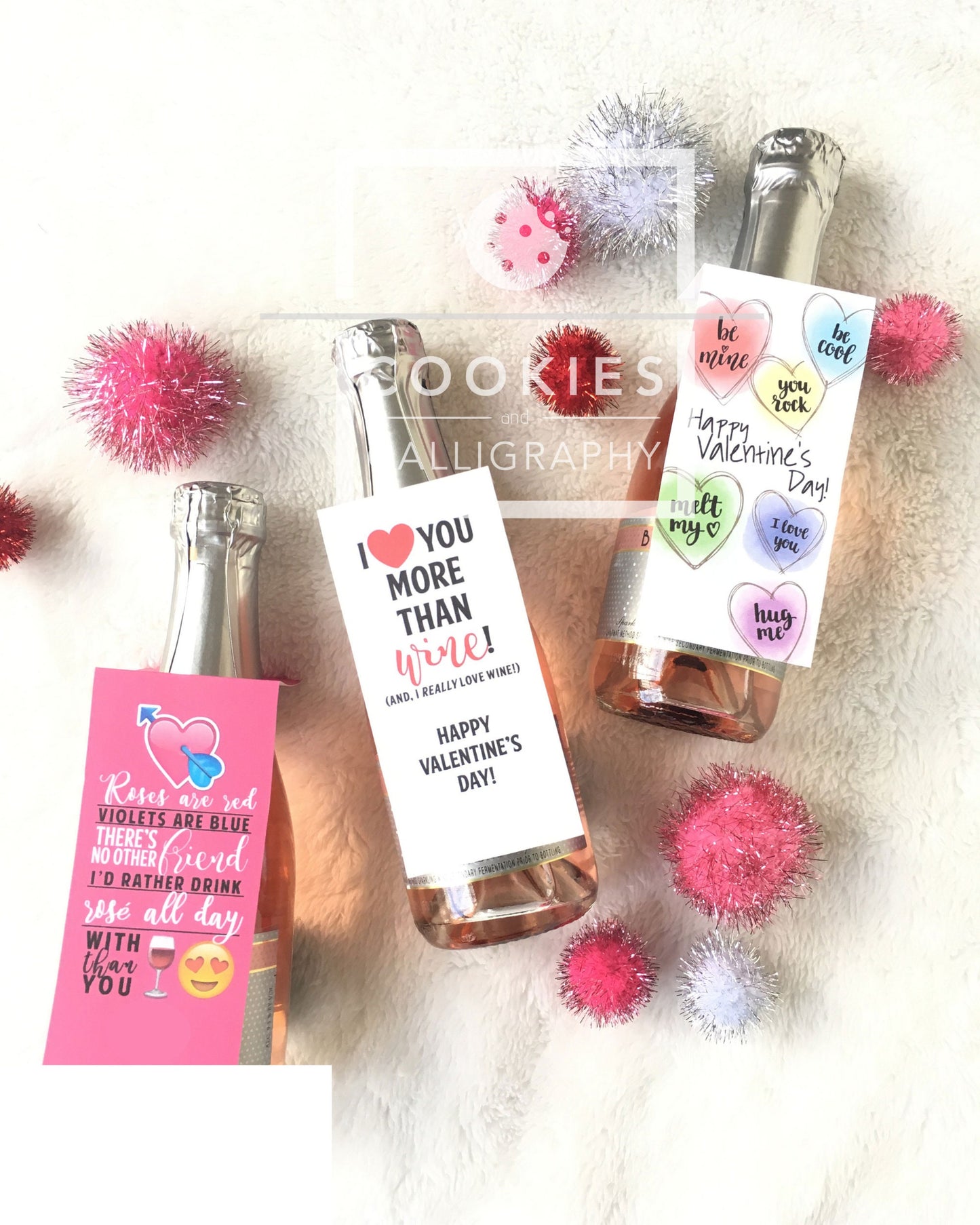 Valentine's Day Mini Wine Champagne Bottle Tags | Roses Conversation Heart VDay Bottle Tags | Printable Gift Tag