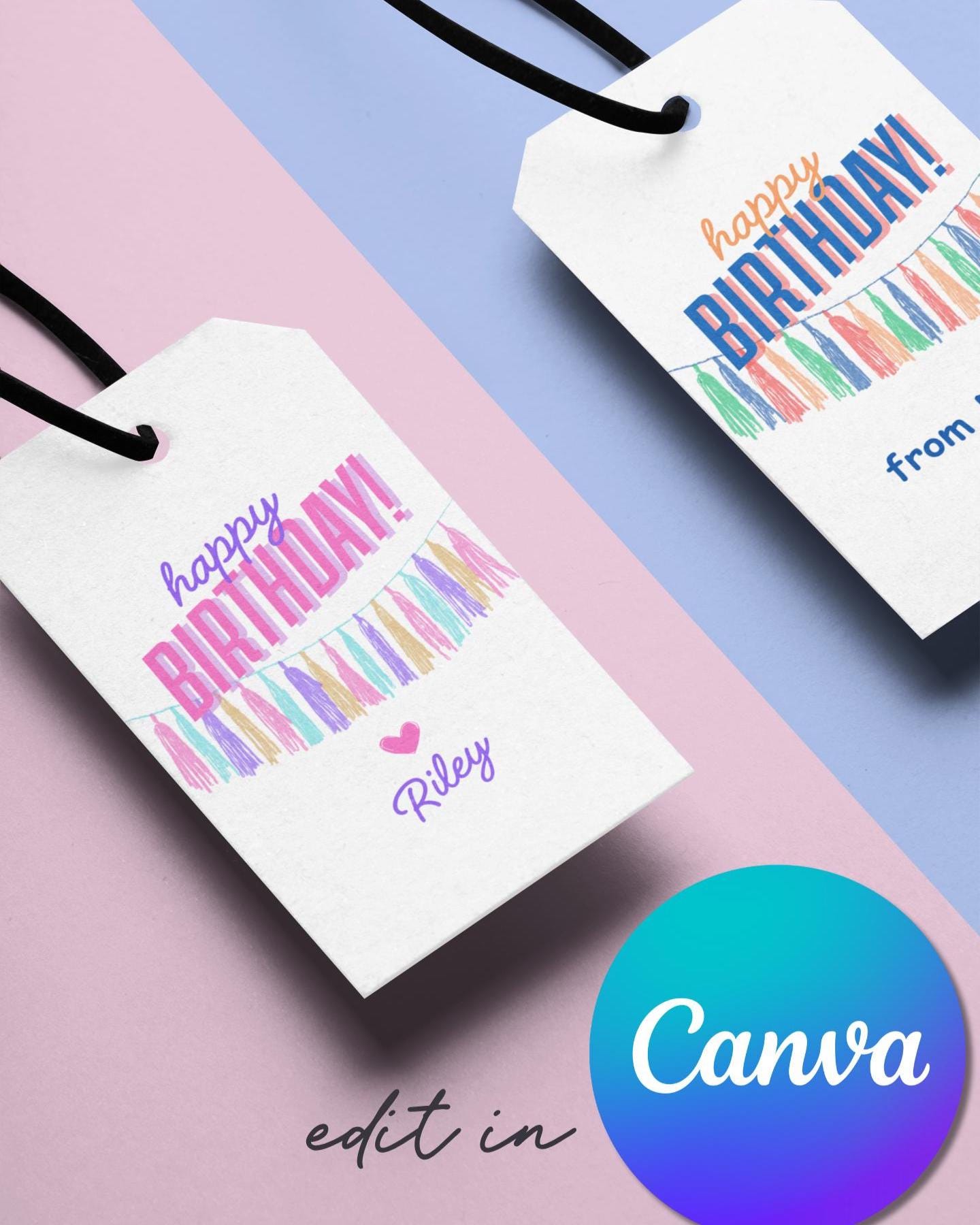 Editable Happy Birthday Streamer Gift Tags Template | Colorful Printable Birthday Favor Tags | Personalized Canva Gift Tag