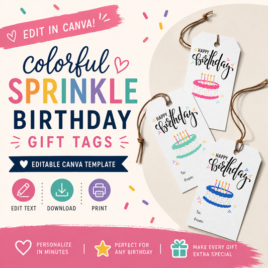 Editable Birthday Gift Tags Template | Colorful Sprinkle Cake Gift Tags | Printable Canva Template